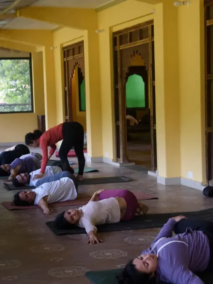 A moment of rest and release in a spinal twist during a retreat class. I always incorporate restorative elements to ensure a balanced and nourishing practice.