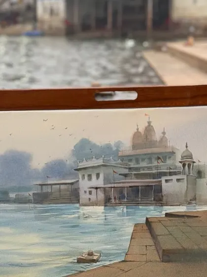 Another on location painting from Pushkar, this time showing the temple architecture against the water. The wooden frame gives it a classic feel.
