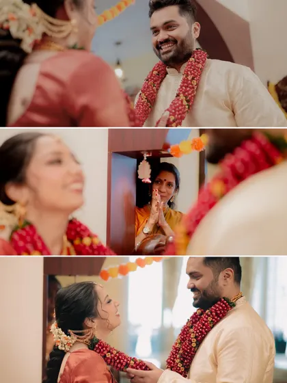 The first look and the exchange of garlands at Anushka and Harsh's intimate home wedding. The mother's loving gaze in the background adds a beautiful layer to the story.