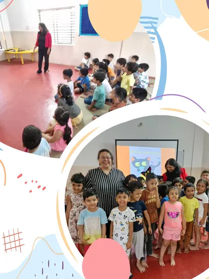 A collage showing our educators and children fully engaged in a storytelling session, complete with a projector and puppets. Every week is a new chapter at Little Red Hen.