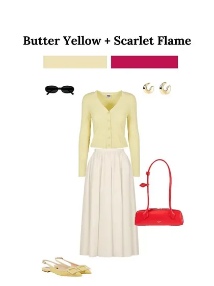 One of my favorite bold and pastel pairings is butter yellow and scarlet flame. The softness of the yellow meets the fire of the red for a look that has instant energy. Try a mellow cardigan with a bold red bag.