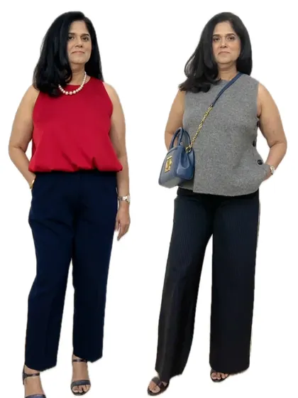 A side-by-side look at two outfits created for my client. Both looks are designed to flatter her body shape by balancing her proportions, one with a vibrant red top and the other with a chic grey asymmetrical top.