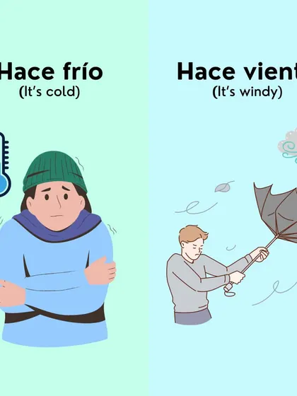 Is it cold or windy? Learn to say 'Hace frío' (It's cold) and 'Hace viento' (It's windy) in Spanish.