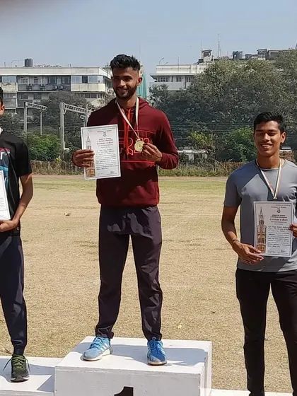 The podium for the 400m run at the Mumbai University Inter-Zonal meet, with Yash Joshi taking the silver medal.