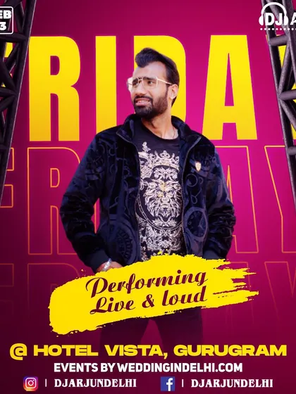 Performing at Hotel Vista, Gurugram. This poster shows my presence across the entire Delhi NCR region, from farmhouses to five-star hotels.
