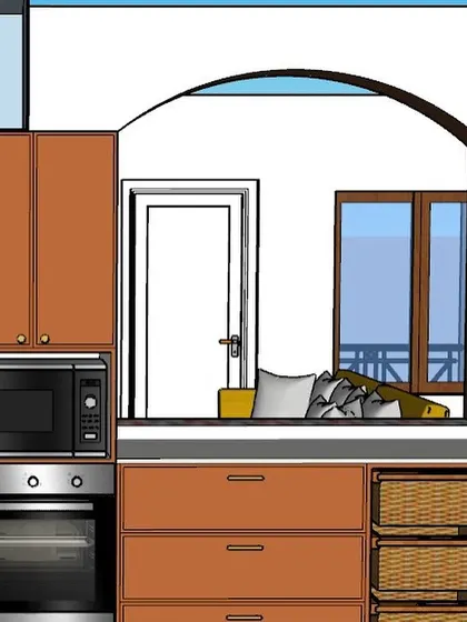 The initial 3D drawing for a kitchen renovation, showing our plan for the layout, cabinets, and appliance placement.