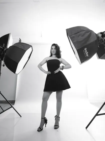 A powerful pose captured during the studio session, with the lighting equipment visible in the frame to give clients a clear idea of my setup.