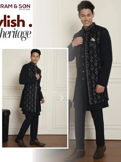 Refine your look with my Indo-Western collection. This ensemble, featuring a dark kurta with a patterned, layered stole, seamlessly blends tradition and contemporary design for a look that's both sophisticated and modern.