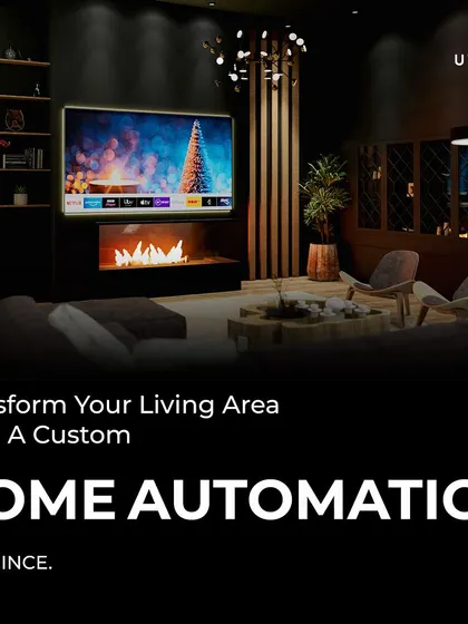 Let us help you transform your living area with a custom home automation experience. This visual represents a fully integrated space where the fireplace, television, and lighting all work in harmony to create a cozy and technologically advanced environment.