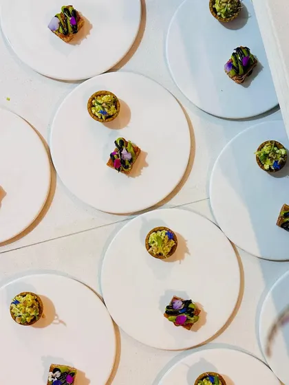 An aerial view of the canapés, showcasing the clean, minimalist plating style I often employ.