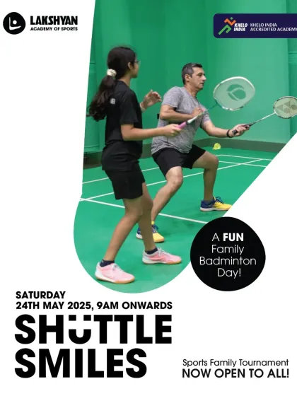 An announcement for our 'Shuttle Smiles' family badminton tournament, an event designed for fun, friendly competition, and family bonding.