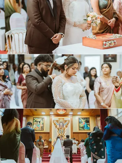 A collage of moments from a traditional church ceremony, including the blessing and the walk down the aisle. It tells the story of the sacred vows.
