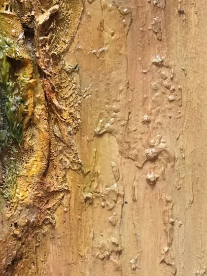 Here you can see the pocked and bubbled texture I created, reminiscent of old, weathered surfaces. It’s about finding beauty in the process of decay and renewal.