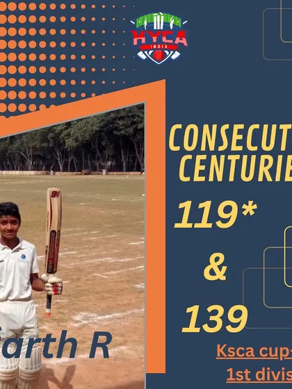 Another one of our players showing incredible form. Parth R hit consecutive centuries, including an unbeaten 119, in the KSCA Cup U-16 1st division. His skill and focus are an inspiration to us all.