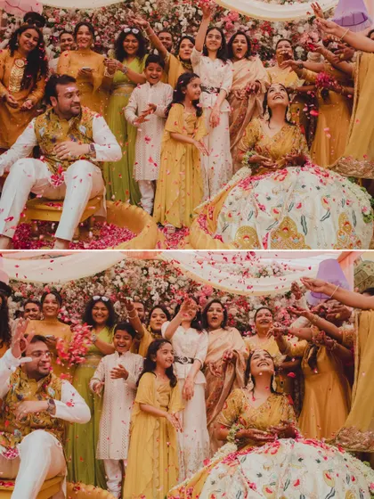 A collage capturing the 'phoolon ki holi' from two angles. It shows the couple being showered with petals by their loved ones, creating a frame filled with color and joy.