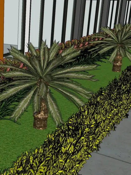 A close-up of the commercial 3D design, showing the detail of the sago palms and hedge plants against the building facade.