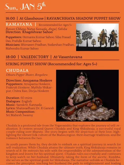 Schedule for the 'Ramayana' shadow puppet show and 'Chudala' string puppet show.
