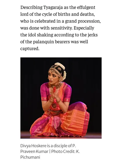 This review clipping describes my portrayal of a deity being carried in a procession. Capturing such specific details, like the idol shaking with the palanquin bearers' steps, is the essence of sensitive abhinaya.