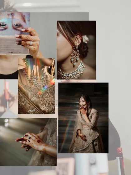 An artistic mood board-style collage of the bride Asen's getting ready moments, showcasing details in a creative layout.