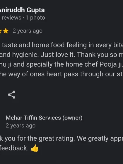 We are so happy when our customers, like Aniruddh ji, feel the "home food feeling" in every bite. It is Pooja ji's special touch that makes our food both healthy and hygienic.