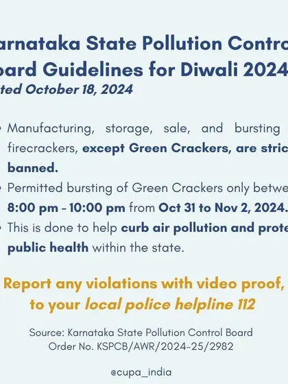 During festivals like Diwali, it is important to know the law. This graphic details the Karnataka State Pollution Control Board guidelines, including the ban on most firecrackers and permitted bursting times.