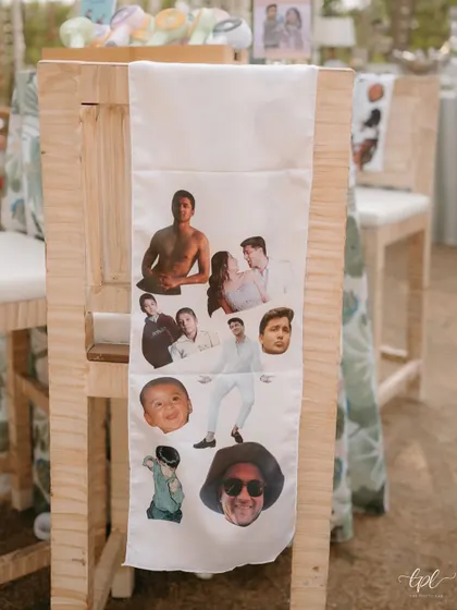 Another look at the hilarious custom-printed stole, draped over a chair. These details become great conversation starters for guests.