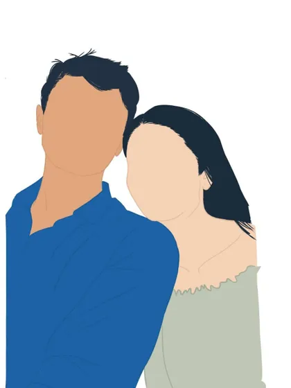 A classic couple pose, reimagined as a modern faceless illustration with a simple color palette.