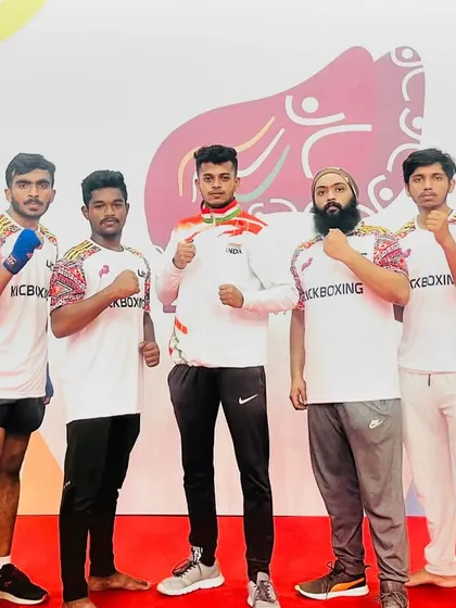 My fight team at the UIC National Kickboxing Championship in Calicut, Kerala, ready to compete against the best in the country.