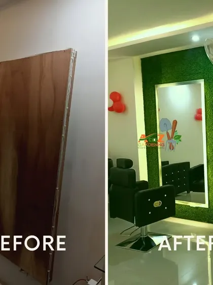 A simple wall in a salon becomes a statement piece. The 'before' is a plain wall, and the 'after' shows a custom-fit artificial green panel installed around a large, backlit mirror, adding a touch of luxury and nature.
