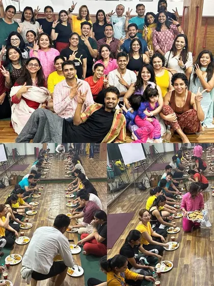 A collage capturing the spirit of our pre-Rishikesh bhandara, with group photos and shared meals.