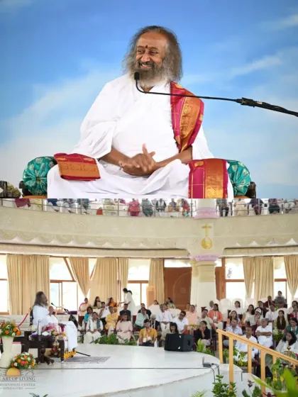 A collage showing Gurudev on stage and participants in the hall during a Spiritual Sojourn. The program combines large group sessions with more intimate settings for a comprehensive experience.