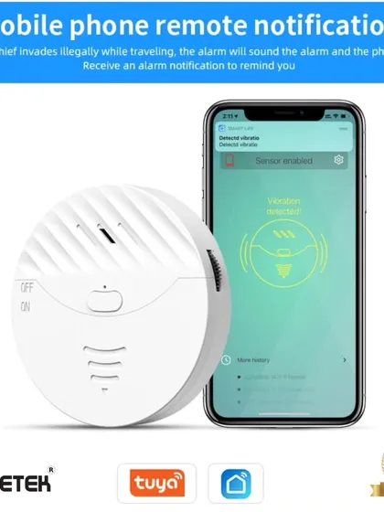 Receive instant remote notifications if a break-in is attempted. When the glass vibration sensor is triggered, it sounds a 130dB alarm and simultaneously sends an alert to your smartphone via the Tuya or Smart Life app, so you're always aware.