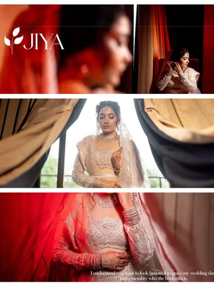 A cinematic collage of the bride Jiya getting ready, using creative framing and lighting to build anticipation.