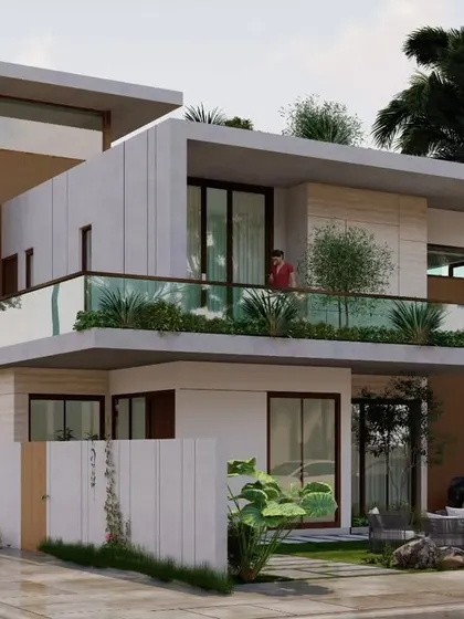 A proposed design for a residence in Udaipur. The architecture is defined by clean lines, cantilevered roofs, and green balconies that blend modern design with the local context.