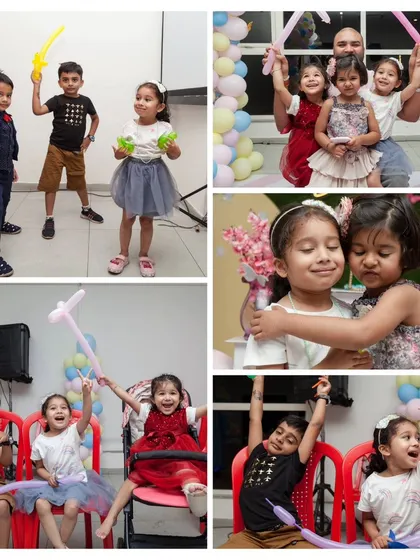 The life of the party. This collage shows the kids engaged in games, playing with balloon swords, and sharing hugs. These action shots are essential for remembering the fun and energy of the day.