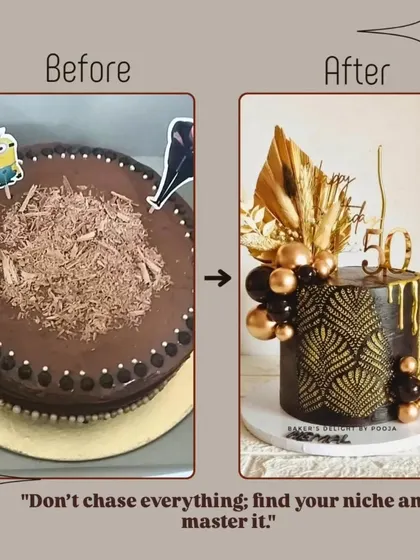 This before-and-after is a reminder to find your niche and master it. I've focused on creating elegant, custom designs, moving away from simple chocolate shavings to intricate, modern aesthetics.