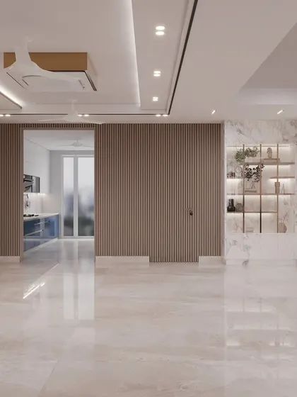 The same space shown without the dining set to emphasize the scale and potential of the room. The polished Italian marble flooring and sophisticated wall treatments create a perfect canvas for luxury interiors.