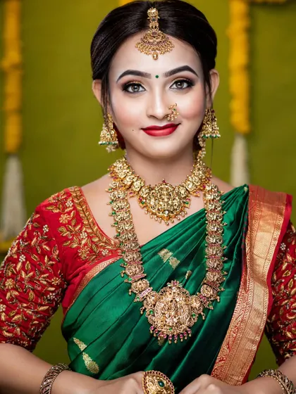A closer view of the stunning temple jewellery. The details on the choker, haram, and jhumkas are what make these pieces so special for a bride.