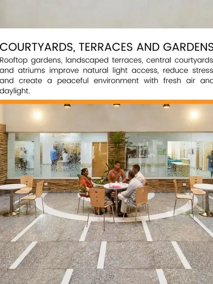 Courtyards, terraces, and gardens are vital biophilic elements in our designs. These spaces improve natural light access, reduce stress, and provide a peaceful environment with fresh air and daylight for patients and staff.