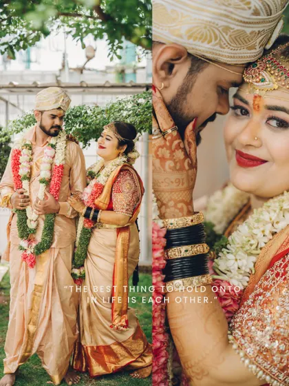 A diptych showing a couple during their South Indian wedding ceremony and a close-up of their intimate embrace. We capture both the traditional poses and the candid moments of affection.