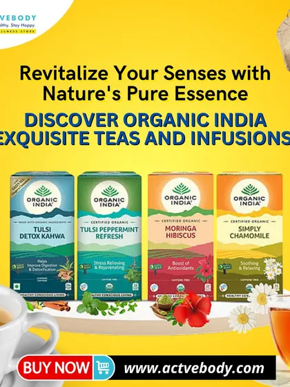 Revitalize your senses with nature's pure essence. This image displays a range of Organic India's exquisite teas and infusions, including Tulsi Detox Kahwa and Simply Chamomile, for wellness and balance.