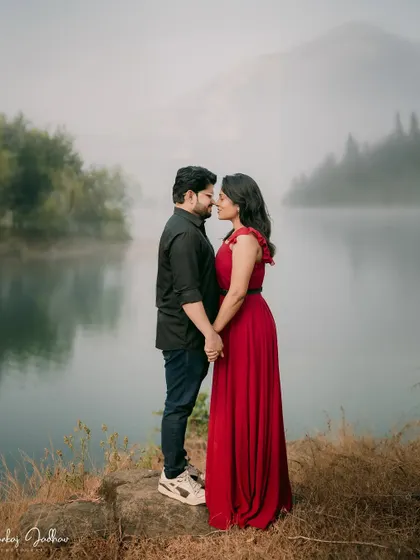 A beautiful, misty landscape provides the perfect backdrop for this romantic pre-wedding portrait of Nutan and Shubham.