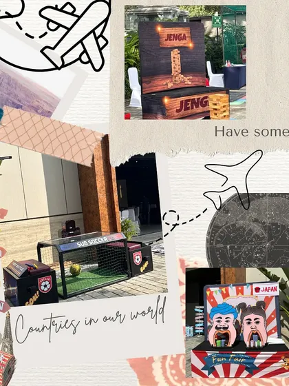 It's not just about decor, it's about fun. For the travel-themed party, we set up various game stations like giant Jenga, sub soccer, and other country-themed activities to keep guests of all ages entertained.