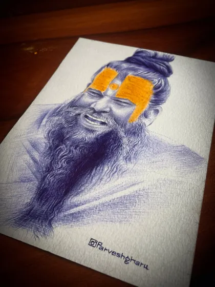 The completed portrait of Premanand Ji Maharaj. The combination of the detailed blue pen sketch and the bright orange tilak creates a striking image that captures his devotional energy.