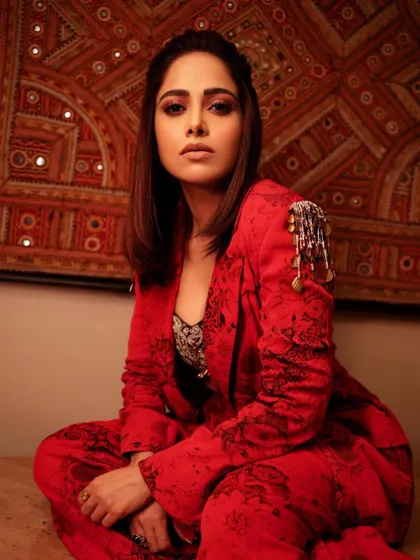 Here's a bold, printed red co-ord set I styled for Nushrratt Bharuccha. The embellished shoulder detail adds a touch of glam, making this a standout look for an evening event.