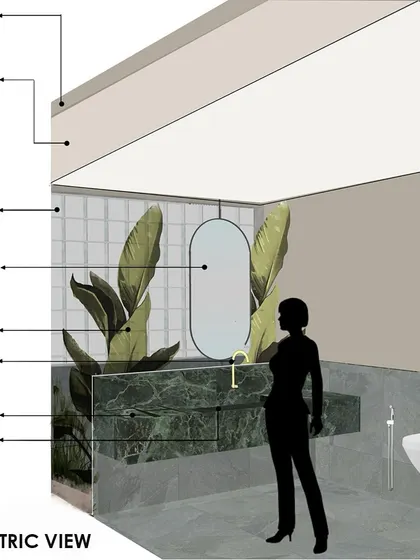 An isometric view of a bathroom design, illustrating the placement of the green marble vanity, glass block wall, and integrated plants.