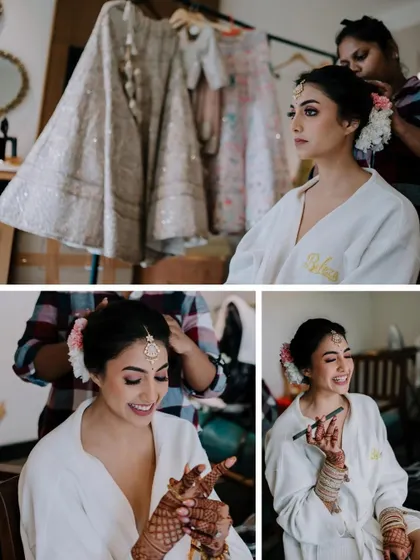 A collage of behind-the-scenes moments of the bride getting ready, from hair and makeup to sharing a laugh, capturing the pre-ceremony excitement.