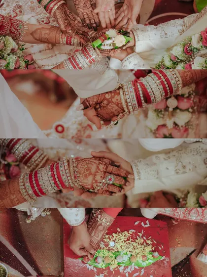 A collage dedicated to the intricate rituals of a Hindu wedding. It shows the joining of hands, the offering of paan, and other beautiful traditions that bind the couple.