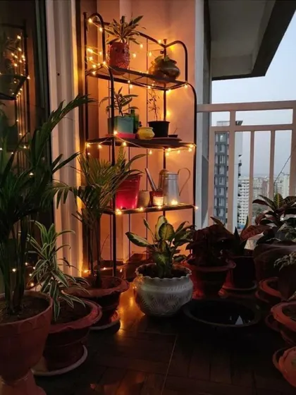 Here is another example of a plant stand illuminated with string lights. It's an easy way to draw attention to your favorite plants and make the space feel cozy and decorated, especially with the city lights in the background.
