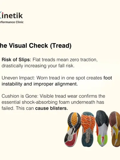 A visual check of the tread is also important. Uneven wear can create instability, and a flat tread confirms the shock-absorbing foam underneath has failed.